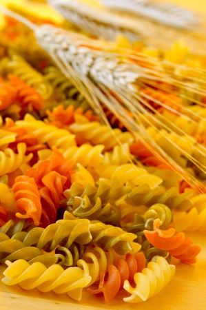 a pile of uncooked vegetable fusilli of different colors: yellow as usual, red due the tomato and green due the spinach, with some wheat earsの写真素材