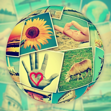 mosaic with pictures of different places and landscapes, shot by myself, simulating a wall of snapshots uploaded to social networking servicesの写真素材