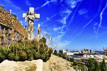 view of Cementiri del Sud-oest or Montjuic Cemetery in Barcelona, Spain, with the port in the backgroundの写真素材