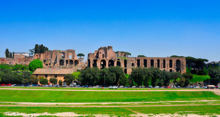 Ruins of Circus Maximus and the Domus Augustana on Palatine Hill in Rome, Italyのeditorial素材