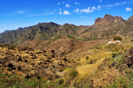 landscape in central area of Gran Canaria, Spain, with a range of mountains in the shape of a sleeping man with his mouth openの写真素材