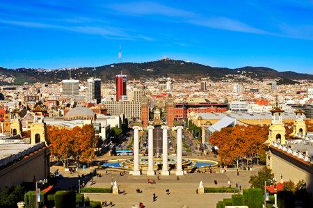 Barcelona, Spain - December 1, 2013  Aerial view of Barcelona, Spain, from Montjuic Hill  There are many important landmarks, such as Font Magica, Plaza de Espana or Las Arenasのeditorial素材