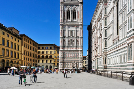 FLORENCE, ITALY - APRIL 14: Giottos Campanile and Basilica di Santa Maria del Fiore on April 14, 2013 in Florence, Italy. The tower, 84.7 m height, is one of the showpieces of the Florentine Gothicのeditorial素材