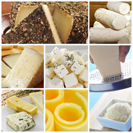 a collage of pictures of different kind of cheeseの写真素材