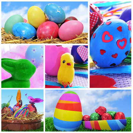 collage of different pictures of easter eggsの写真素材