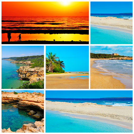 a collage of some pictures of different beaches of Spain, such as beaches of Canary Islands and Balearic Islandsの写真素材