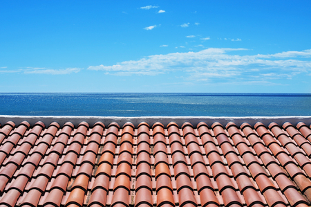 view of a tiled roof of a mediterranean villageの写真素材