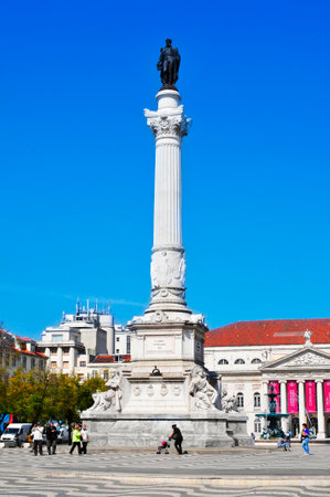 Lisbon, Portugal - March 17, 2014  View of Rossio Square, with the Column of Pedro IV in the foreground in Lisbon, Portugal  The square is in the heart of Lisbonのeditorial素材