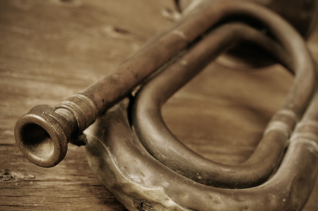 old bugle on a rustic wooden table, in sepia toneの写真素材