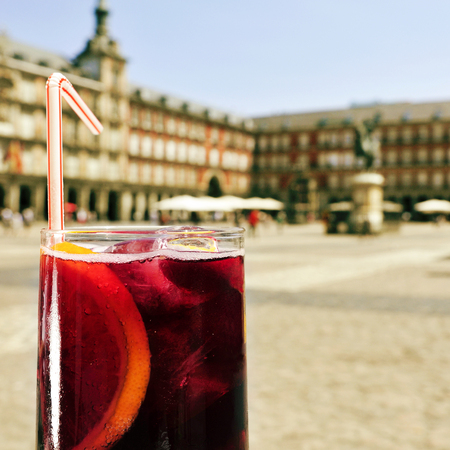 closeup of a glass of tinto de verano, a popular summer beverage made with red wine, in Plaza Mayor in Madrid, Spainの写真素材