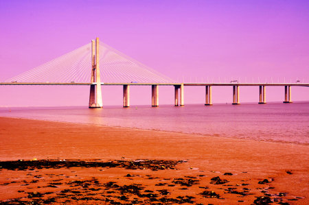 Lisbon, Portugal - March 20, 2014: View of Vasco da Gama Bridge in Lisbon, Portugal. This viaduct...