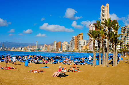 Benidorm, Spain - September 23, 2014: Vacationers in Levante Beach in Benidorm, Spain. Benidom, called sometimes Beniyork, is a major destination for sun and beach for European tourismのeditorial素材