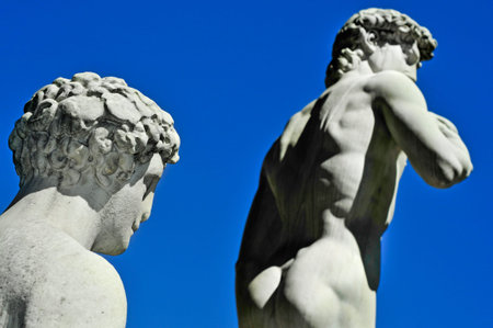 side view of the replica of the David by Michelangelo located in Piazza della Signoria in Florence,...