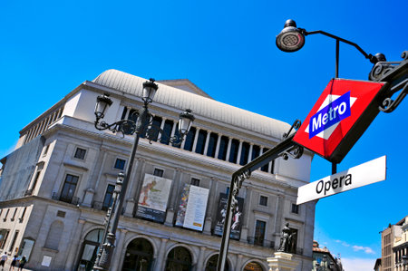 Madrid, Spain - August 12, 2014: The entrance to Opera metro station with the Teatro Real opera house in the background in Madrid, Spain. It is one of the great theaters of Europeのeditorial素材