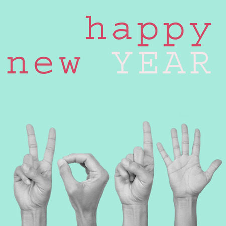 the text happy new year and man hands forming the number 2015 in pop art styleの写真素材