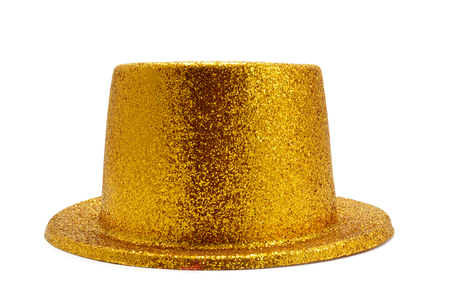 a bunch of festive golden balloons, one of them with a golden top hat, on a white backgroundの写真素材