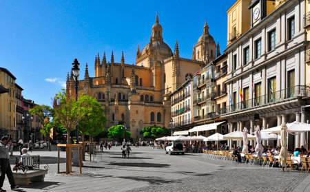 Segovia, Spain - October 18, 2014: View of the Plaza Mayor square and the Cathedral in Segovia, Spain. This late gothic building is one of the main landmarks in the Old Town of the cityのeditorial素材