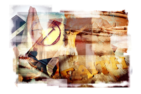 multiple exposures of different Christian and Catholic symbols, such as the Jesus Christ, the Holy Cross, the Crown of Thorns or a Holy Bibleの写真素材