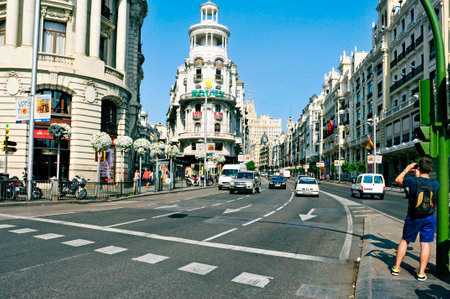 Madrid, Spain - August 11, 2014: A view of the Gran Via street in Madrid, Spain. This section of this important street is an upscale shopping center in central Madridのeditorial素材