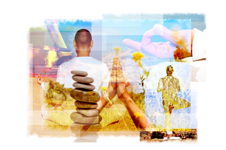 multiple exposures of a young yogi man in different yoga positions outdoors and a stack of balanced stones or a tibetan singing bowlの写真素材