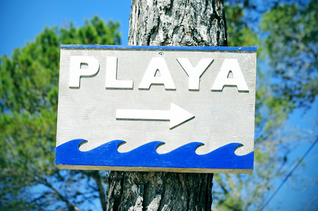 closeup of a wooden sign attached to a pine tree with the text playa, beach written in spanish, in Ibiza Island, Spainの写真素材