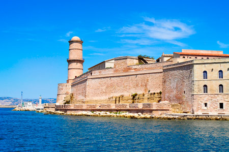 a view of the Fort Saint-Jean, built in the seventeenth century, in Marseille, France, surrounded by the Mediterranean seaのeditorial素材