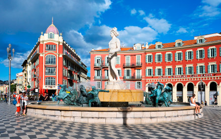 Nice, France - May 15, 2015: A view of the fountain Fontaine du Soleil at the Place Massena square in Nice, France. The Place Massena is the main public square in the townのeditorial素材