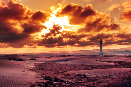 a view of the lighthouse at El Fangar, in the Ebro Delta, in Spain, in a cloudy dayの写真素材