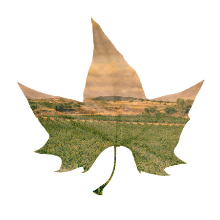 double exposure of a platanus leaf and a natural landscape, against a white background