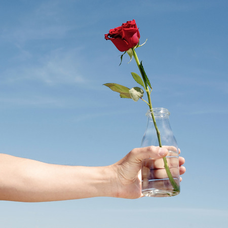 closeup of a young caucasian man with a glass bottle with a red rose in it, against the blue skyの写真素材