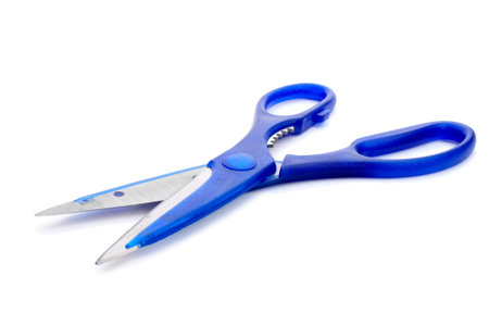 open blue scissors on a white background