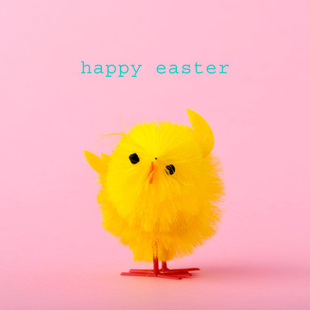 a colorful yellow teddy chick and the text happy easter against a pink background