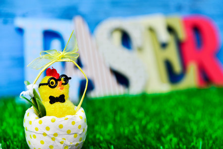 a funny teddy chick, emerging from a dot-patterned eggshell on the grass and three-dimensional...