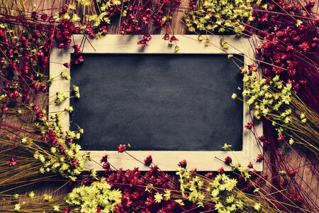 a blank wooden-framed chalkboard surrounded by red and yellow small flowersの写真素材