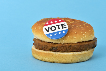 a pin button with the text vote for the the United States election on a hamburguer, on a blue backgroundの写真素材