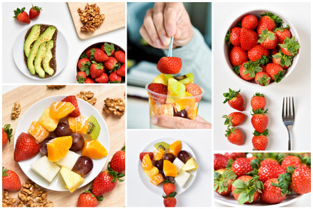 a collage of six pictures of collage of different meals made with fruits, such as avocado, strawberries, orange, kiwi or grapesの写真素材