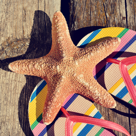 closeup of a pair of colorful flip-flops and a starfish on a weathered wooden pierの写真素材