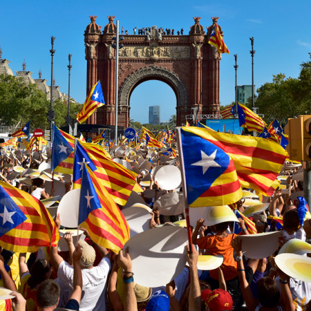 Barcelona, Spain - September 11, 2016: People partaking in a rally in support for the independence of Catalonia in Barcelona, Spain, during its National Dayのeditorial素材