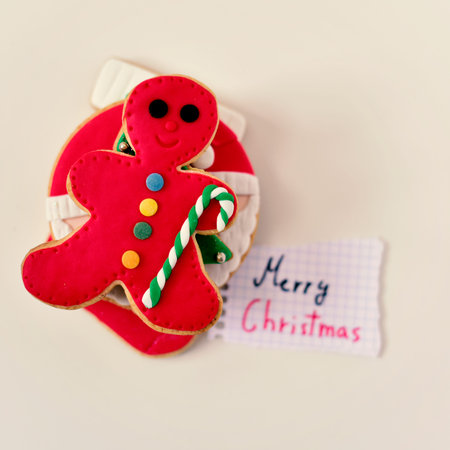 high-angle shot of a pile of different christmas biscuits on an off-white surface and a blurred...