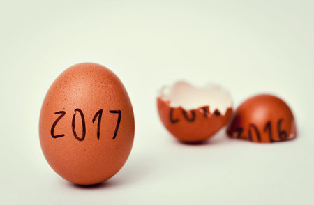 closeup of a whole brown chicken egg with the number 2017, as the new year, and a broken egg with...