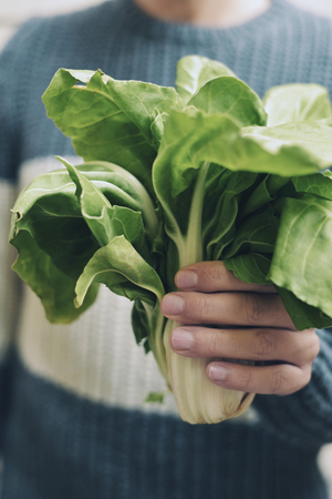 closeup of a young caucasian man holding a bunch of raw chard leaves in front of himの写真素材