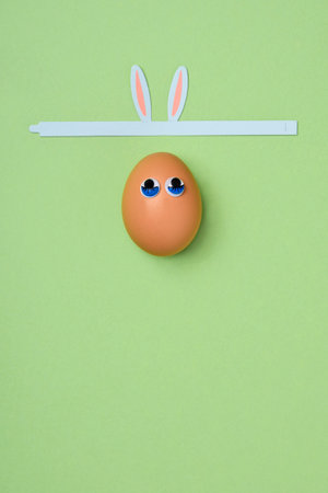 brown egg with a pair of three-dimensional eyes and a band with rabbit ears on a green background,...