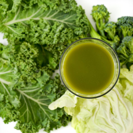 high-angle shot of a kale smoothie served in a glass and some leaves of kale on a white background