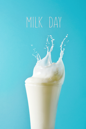 closeup of a glass of milk splashing everywhere and the text milk day written in white against a blue backgroundの写真素材