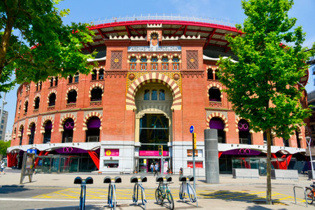 BARCELONA, SPAIN - MAY 31, 2017: The facade of Arenas de Barcelona, an old bullring, built in 1900, that since 2011, after an intense remodeling, is a shopping mall and leisure centerのeditorial素材