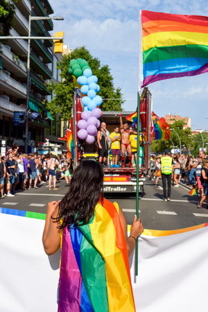BARCELONA, SPAIN - JULY 8, 2017: People taking part in the gay pride parade in Barcelona, Spain,...