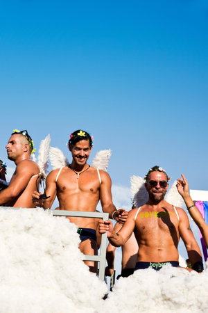 BARCELONA, SPAIN - JULY 8, 2017: Sexy men in a float taking part in the gay pride parade in Barcelona, Spain, running by the famous Parallel Avenueのeditorial素材