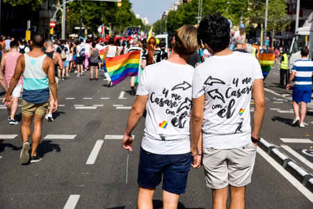 BARCELONA, SPAIN - JULY 8, 2017: People taking part in the gay pride parade in Barcelona, Spain, running by the famous Parallel Avenueのeditorial素材