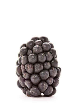 closeup of an appetizing ripe blackberry on a white backgroundの写真素材