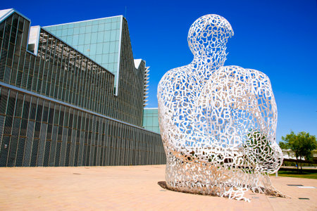 ZARAGOZA, SPAIN - AUGUST 19, 2017: A view of the main facade of the Palacio de Congresos de Zaragoza, in Zaragoza, Spain, built for the international exposition Expo 2008のeditorial素材
